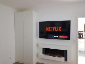 a living room with a tv and a fireplace at Grüne Stadtrandidylle - 22 min bis Potsdamer Platz in Berlin