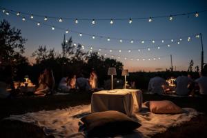 a group of people sitting around a table with lights at Cardo Boutique&Wine Resort in Málchina