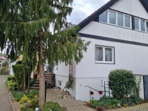 Una casa blanca con un árbol delante. en Weinstadt Monteurwohnnung Ferienwohnung, en Weinstadt