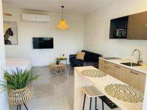 a room with a kitchen and a living room at סוויטת רויאל שירה in Eilat