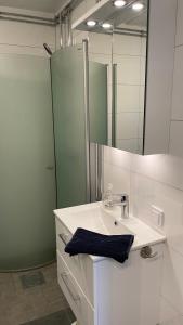a bathroom with a sink and a mirror at Åreskutans lägenhet med laddning för bil 22kW in Huså +41 photos