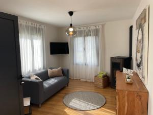 ein Wohnzimmer mit einem Sofa und einem Tisch in der Unterkunft Apartamentos - Casa El Ancla in Celorio