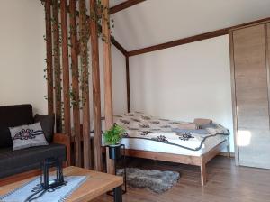 a bedroom with a bed and a couch in a room at Domek u Julii in Szczawnica