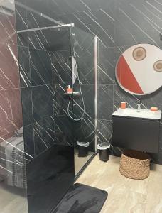 baño con pared de azulejos negros y lavabo en Studio Cosy tt confort proche aéroport en Colombier-Saugnieu