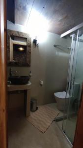 ein Bad mit einer Glasdusche und einem WC in der Unterkunft Traditional cozy apartments in Livadi Parnassos in Kalívia