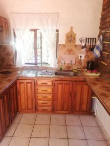eine Küche mit Holzschränken, einem Waschbecken und einem Fenster in der Unterkunft Edward Cabana in Margate