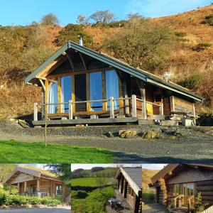 uma colagem de duas imagens de uma cabana de madeira em Newland Valley Log Cabins em Ulverston