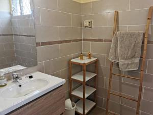 聖羅斯的住宿－Chambres d'hôte dans la charmante commune de Ste Rose，一间带水槽和毛巾架的浴室