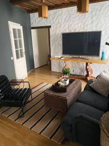 a living room with a black couch and a tv at Kolme Venna Villa in Pärnu