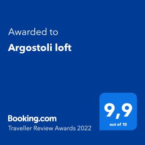 Certifikát, ocenenie alebo iný dokument vystavený v ubytovaní Argostoli loft