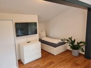 a small bedroom with a bed and a flat screen tv at Ferienwohnung Zauberwinkelweg mit Traum-Aussicht! in Wildschönau