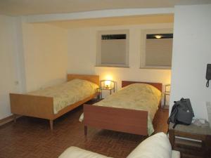a hotel room with two beds and a couch at Alsfelder Apartment I in Alsfeld