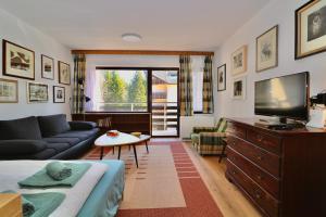 a living room with a couch and a tv at Studio Mila in Kranjska Gora