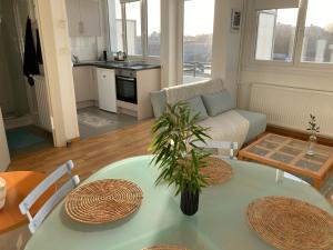 - un salon avec une table et une plante dans l'établissement Très bel appartement vue Mer - Les Ilots bleus - Dunkerque Malo les Bains, à Dunkerque
