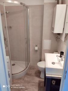 a bathroom with a shower and a toilet and a sink at Apartament Anastazja in Koszalin +6 photos
