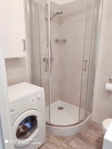 a shower with a washing machine in a bathroom at Apartament Anastazja in Koszalin