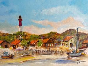 a painting of a lighthouse with boats and houses at Au Phare du Cap in Cap-Ferret