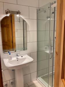 bagno con lavandino e doccia in vetro di Hostal Balmaceda a Punta Arenas