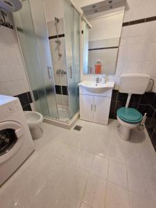 a bathroom with a toilet and a sink and a washing machine at Apartman Sandro in Motovun