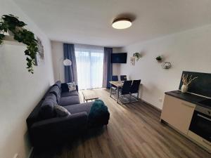 salon z kanapą i stołem w obiekcie Apartmány Sunny hill w mieście Frymburk