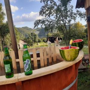 two bottles of beer and a cat walking on a fence at RETREAT COZY FARMHOUSE SEJOUR Roşia Montana, Acces Optional Hottube in Roşia Montană