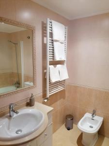 a bathroom with a sink and a mirror and a toilet at Precioso apartamento con piscina y jardín frente a la Toja in O Grove