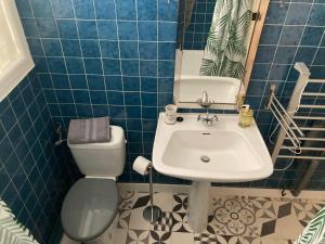 a blue tiled bathroom with a sink and a toilet at Studio avec grande terrasse et jardin privatif au Pyla in La Teste-de-Buch +17 photos