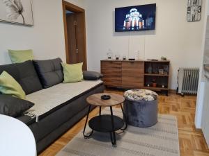 Apartman TIM LUX 2 في Vrnjačka Banja: غرفة معيشة مع أريكة وطاولة