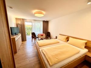 a hotel room with a bed and a television at ADORIS APPARTEMENTS im Lotzbeckpark am See "nachhaltiges Wohnen in Lindau" in Lindau