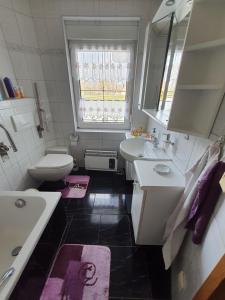 La salle de bains est pourvue d'un lavabo, de toilettes et d'un miroir. dans l'établissement Ferienhaus Am Pilgerweg, à Tauscha