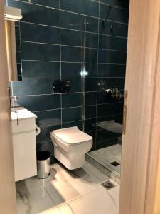a bathroom with a toilet and a shower at Bright, big room in the center of Skiathos in Skiathos Town