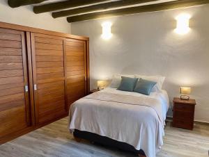 une chambre avec un lit avec deux oreillers bleus dans l'établissement Apartamento Rincón de los Olivos, à Villa de Leyva