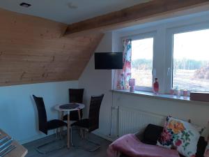 斯维诺乌伊希切Apartamencik Rafi 20m2的客厅里有一张沙发、一张桌子和一扇窗户