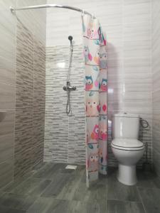 a bathroom with a toilet and a shower curtain at Agroturystyka Alex in Szczecinek