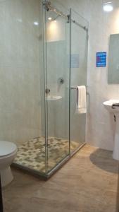 a bathroom with a glass shower with a toilet and a sink at HOTEL CENTRAL in El Tambo