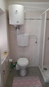 a small bathroom with a toilet and a shower at Casa Natalia in Caoria