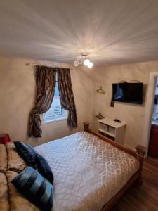 インバネスにあるNanny's little highland hooseのベッドルーム(ベッド1台、テレビ、窓付)