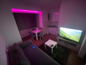 a living room with a couch and a flat screen tv at The Location Central Town Apartament in Kragujevac