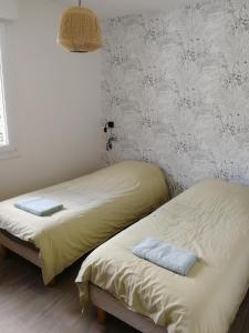 two twin beds in a room with wallpaper at Le Petit Cabanon in Sapois