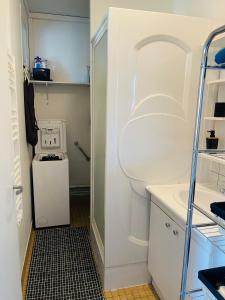 y un baño pequeño con lavadora y secadora. en Studio COSY avec parking et wifi gratuit, en Bagnoles de l'Orne