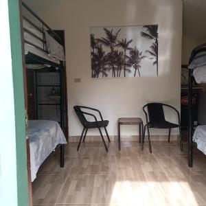 Torio的住宿－LOS PINOS DE TORIO，一间卧室配有两把椅子、一张床和一张桌子