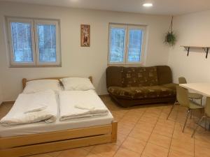 uma sala de estar com uma cama e um sofá em Chata Omicron em Bítov