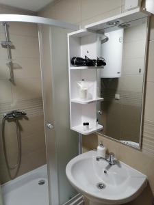 a bathroom with a sink and a shower and a mirror at Cosmopolit Apartments in Ohrid