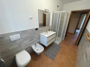 a bathroom with a toilet and a sink and mirror at Villa Glory Mountain Lake Iseo Hospitality in Bossico