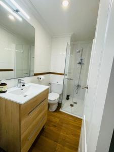 a bathroom with a sink and a shower and a toilet at La Buganvilla in Zahara de la Sierra