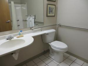 a bathroom with a white toilet and a sink at Patti's Inn and Suites in Grand Rivers