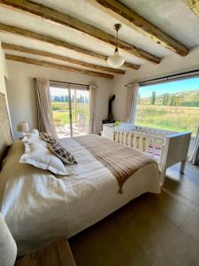 a bedroom with a large bed and a large window at La Carrera Villas, Atamisque. Tupungato, Mendoza. in Ciudad Lujan de Cuyo
