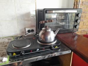 a tea kettle on top of a stove with a microwave at FG in Tolosa
