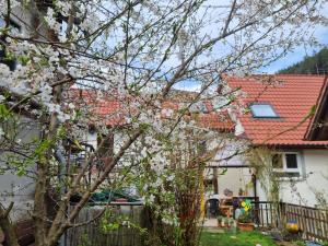 ein Baum mit weißen Blumen vor einem Haus in der Unterkunft Ferienwohnung TAL-ECK in Bad Teinach-Zavelstein