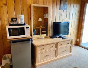 a kitchen with a microwave and a tv and a refrigerator at Rocky Mountain Springs Lodge in Radium Hot Springs